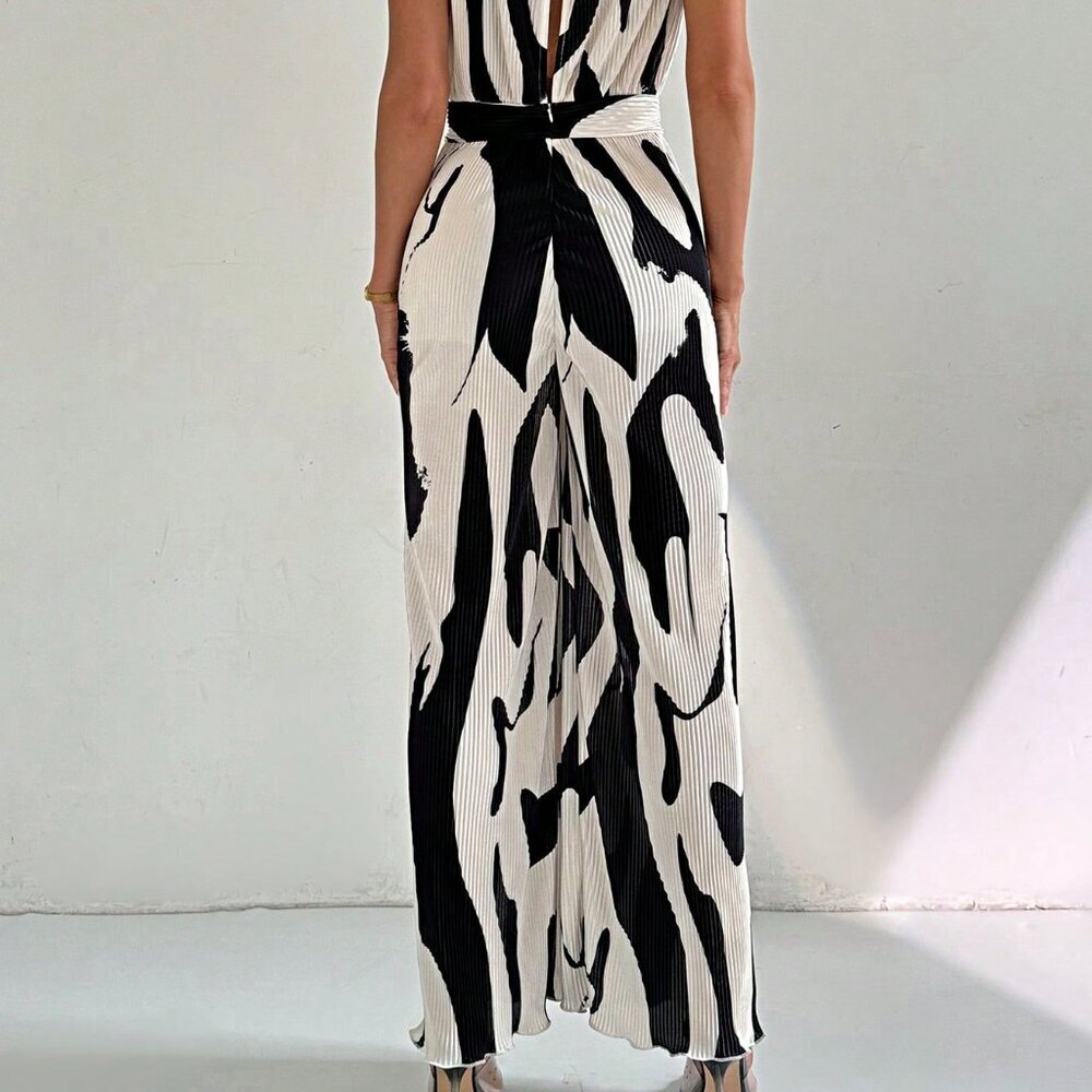 Black and White Casual Women's Elegant Commuting Loose Long Jumpsuit - Picture 2 of 7